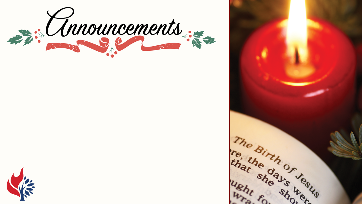 Advent/Christmas worship slide with an image of a candle and Bible and blank space to fill in announcements.