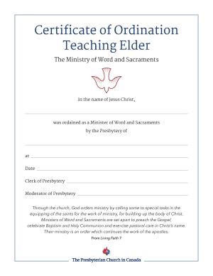 Certificate of Ordination for Teaching Elders