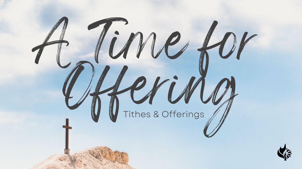 A time for offering worship slide with blue sky and cross background.
