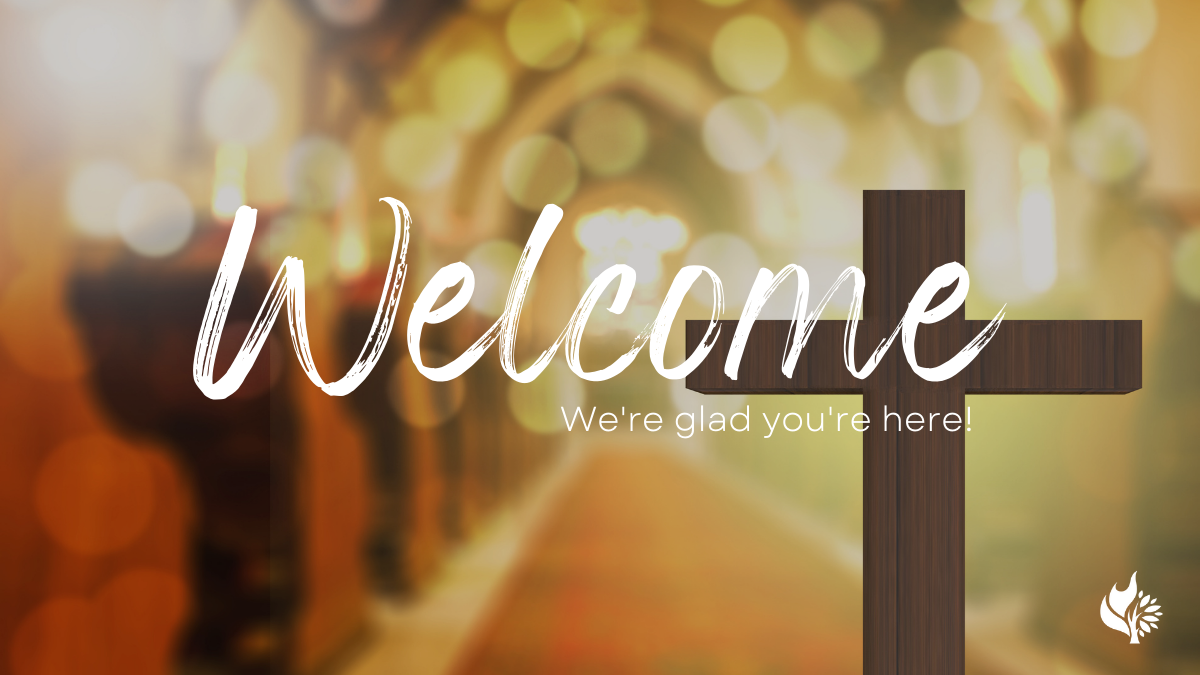Worship slide with "Welcome" text on church sanctuary background.