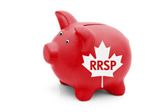 A red piggy bank with a white Canadian maple leaf flag and text RRSP isolated on white